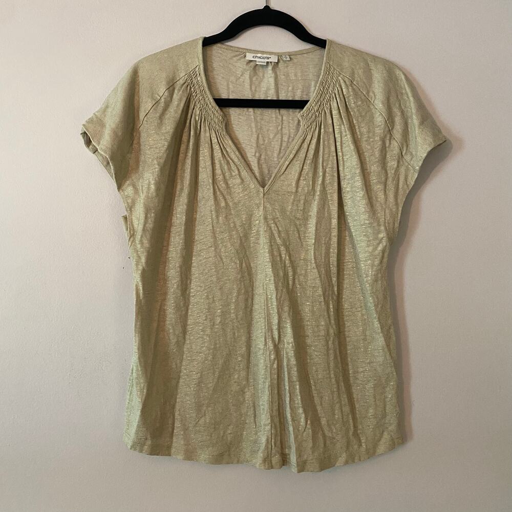 Chico's Gray Cream Shimmer Popover Smocked Linen Short Sleeve Blouse 2 / Large